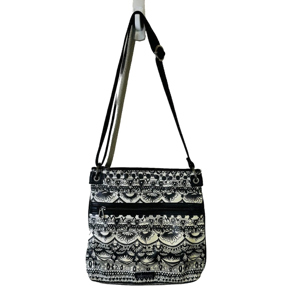 Sakroots Womens Flat Crossbody Bag Black White Abstract Coated Cotton